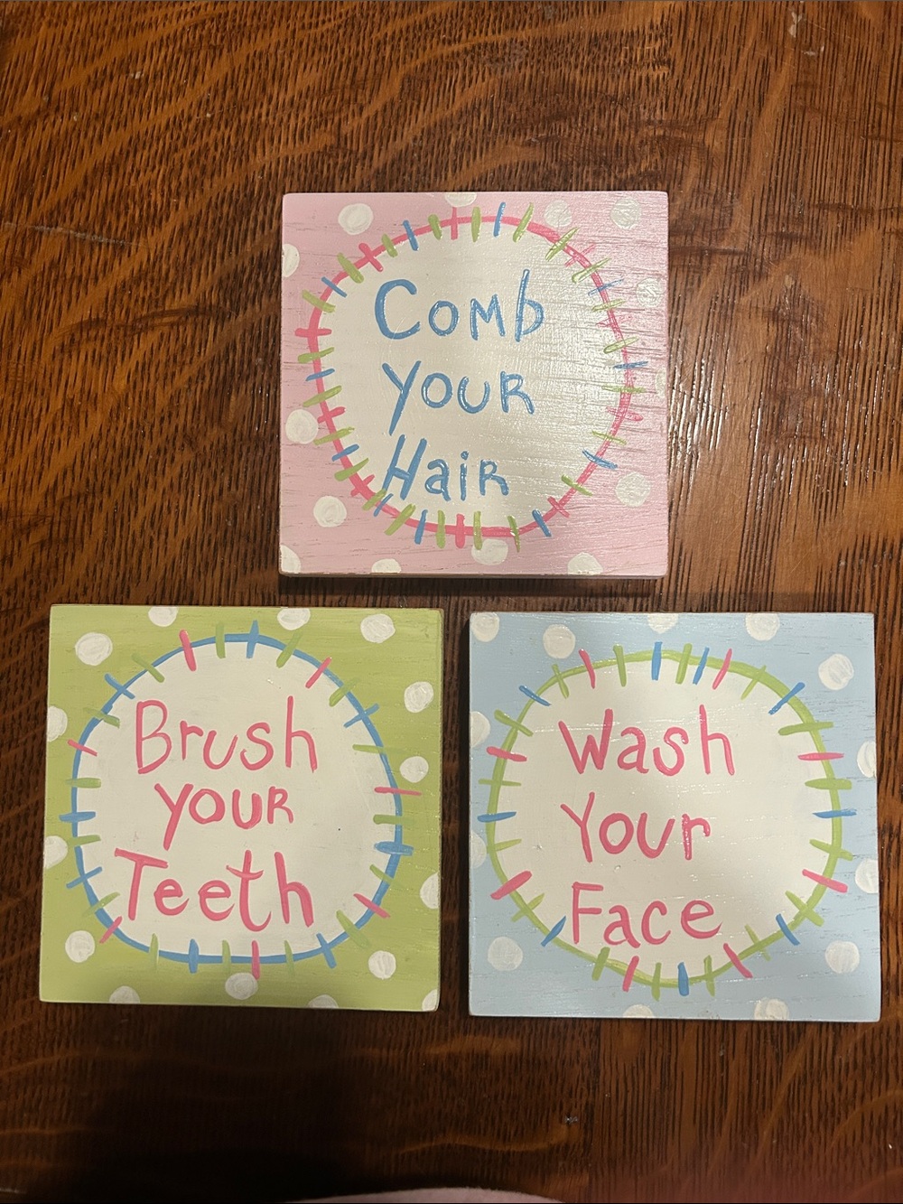 Set of 3 Pastel Bathroom Reminder Wall Signs - Comb Hair, Brush Teeth, Wash Face